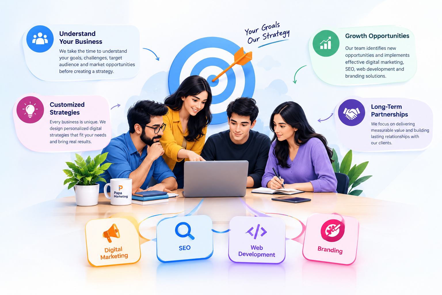 Papa Marketing team planning digital marketing and business growth strategies